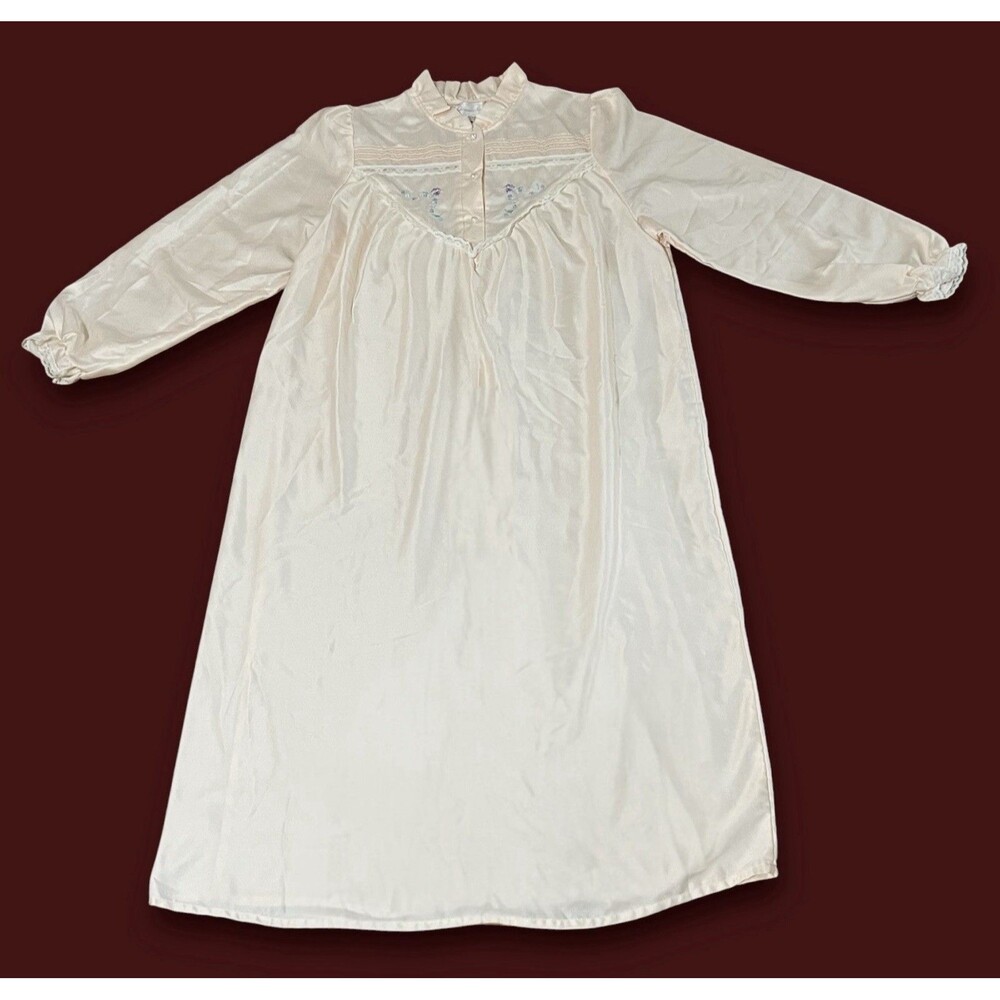 Vintage Alexandra Scott Peach Satin Nightgown w/ Floral Embroidery & Lace Sz Lg